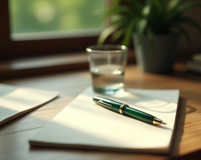 Close up of a classic writing desk with various pens and notebooks