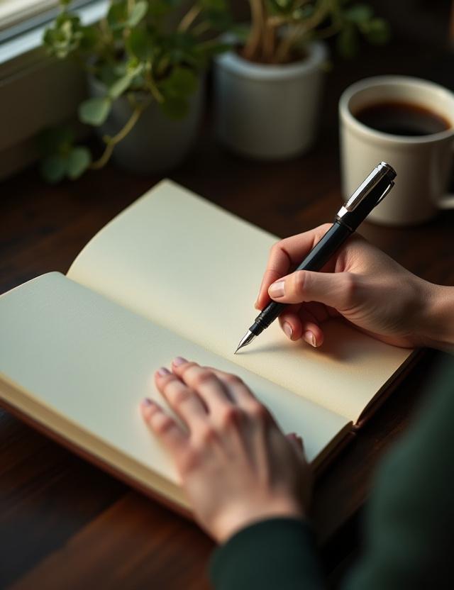 Close up of a hand writing in a notebook in a sunlit Brooklyn studio