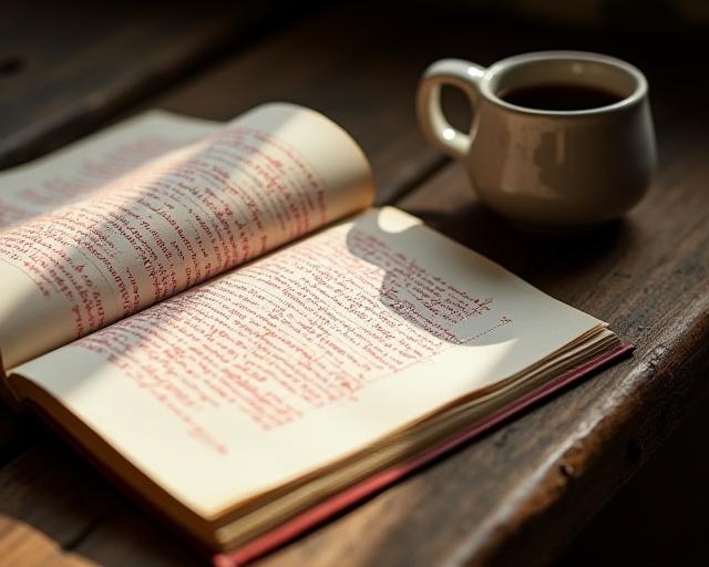 Close up of a marked up manuscript with coffee