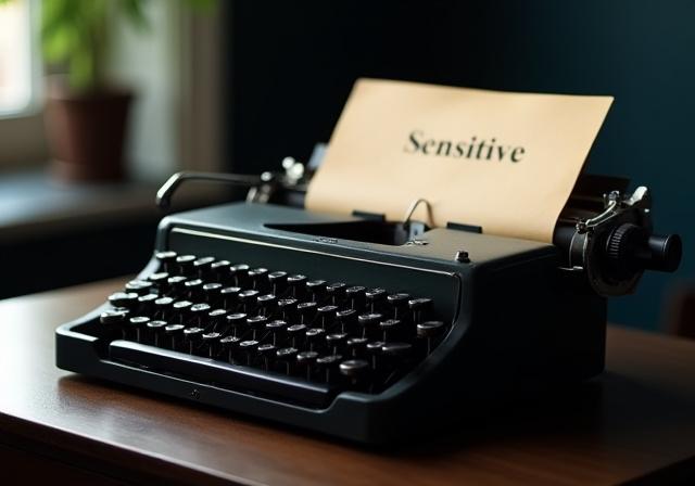 Close up of a vintage typewriter and a secure document folder